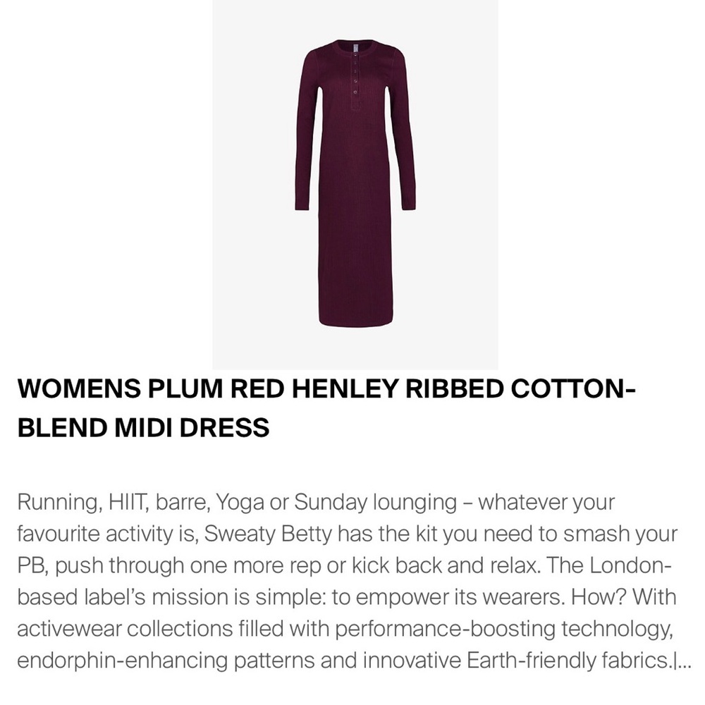 Sweaty Betty Long Sleeve Ribbed Midi Dress in Deep Plum - Picture 3 of 10